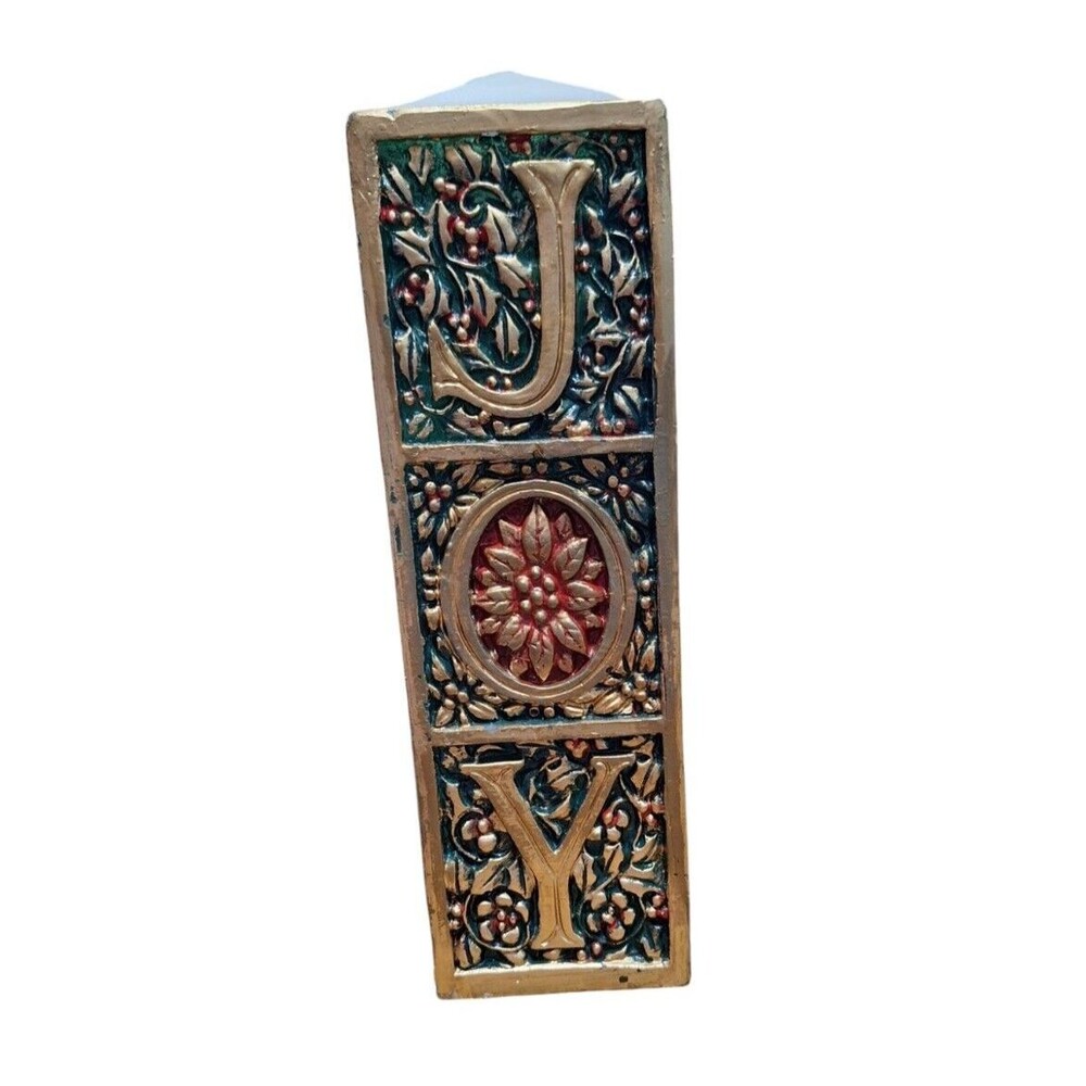 Vintage JOY Christmas Holiday Molded Pillar Candle 9.25" Unscented Gift Decor‎